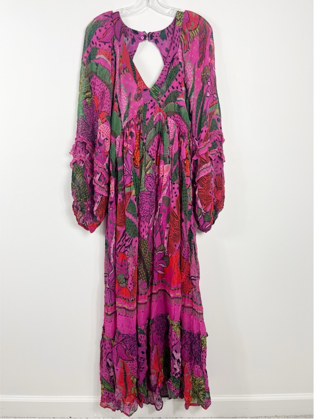 Farm Rio Cool Leopards Open Back Ruffled Georgette Maxi Dress Size Medium Pink - Picture 4 of 13